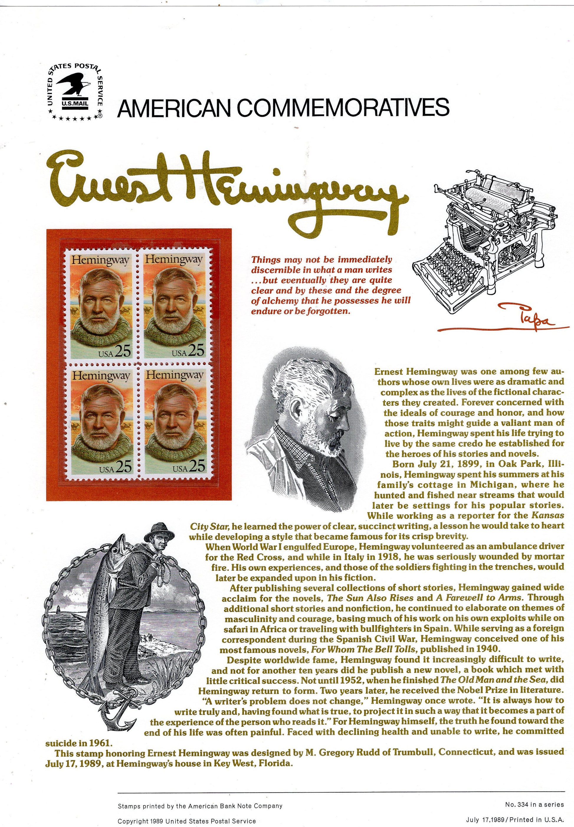 ERNEST HEMINGWAY AUTHOR Special Commemorative Panel plus Actual Stamps + Illustrations and Text Great Gift 8.5x11 '89 