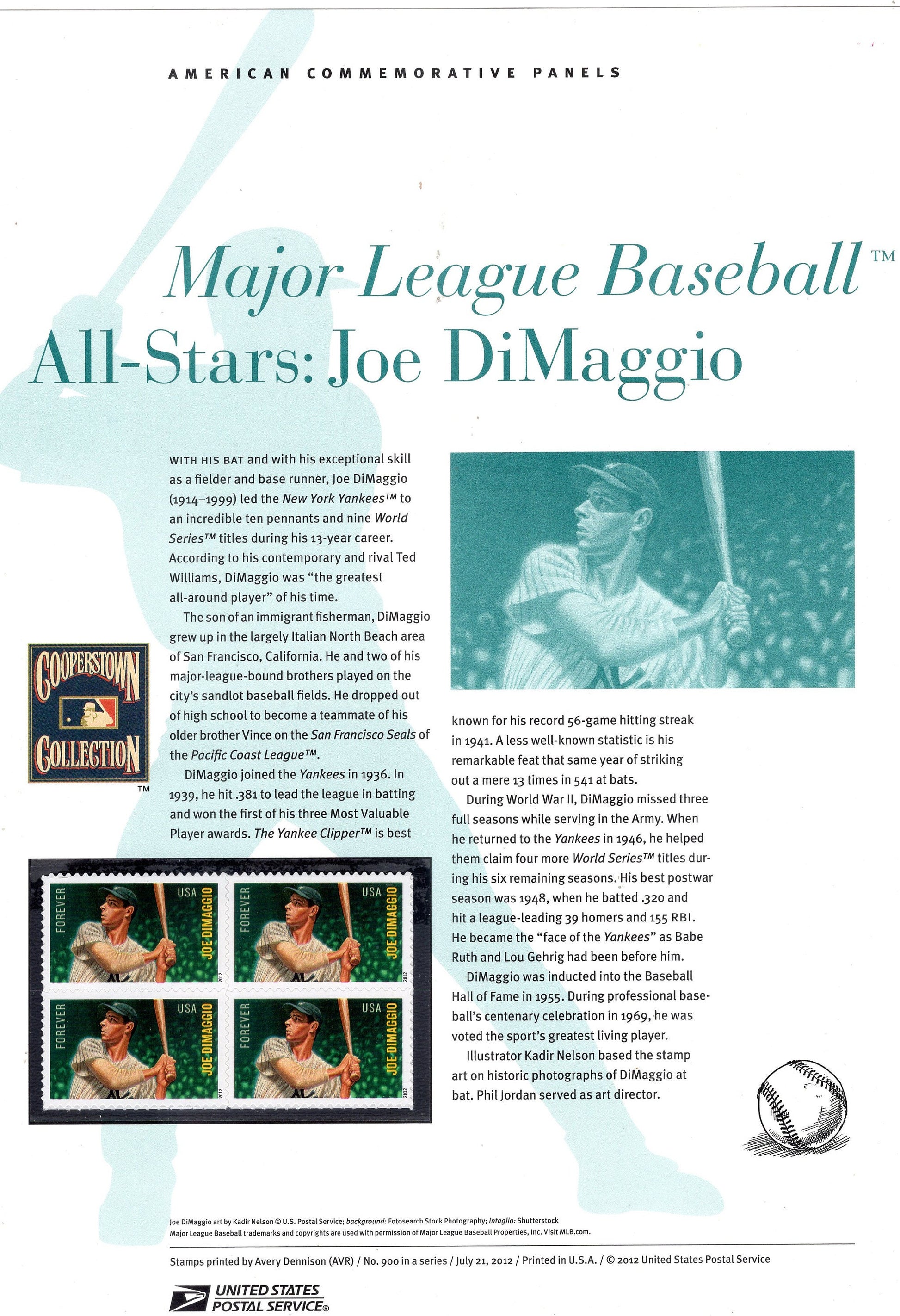 JOE DiMAGGIO YANKEES Baseball HoF Special Commemorative Panel plus Actual Stamps + Illustrations and Text Great Gift 8.5x11 '12-FreeUSA Ship