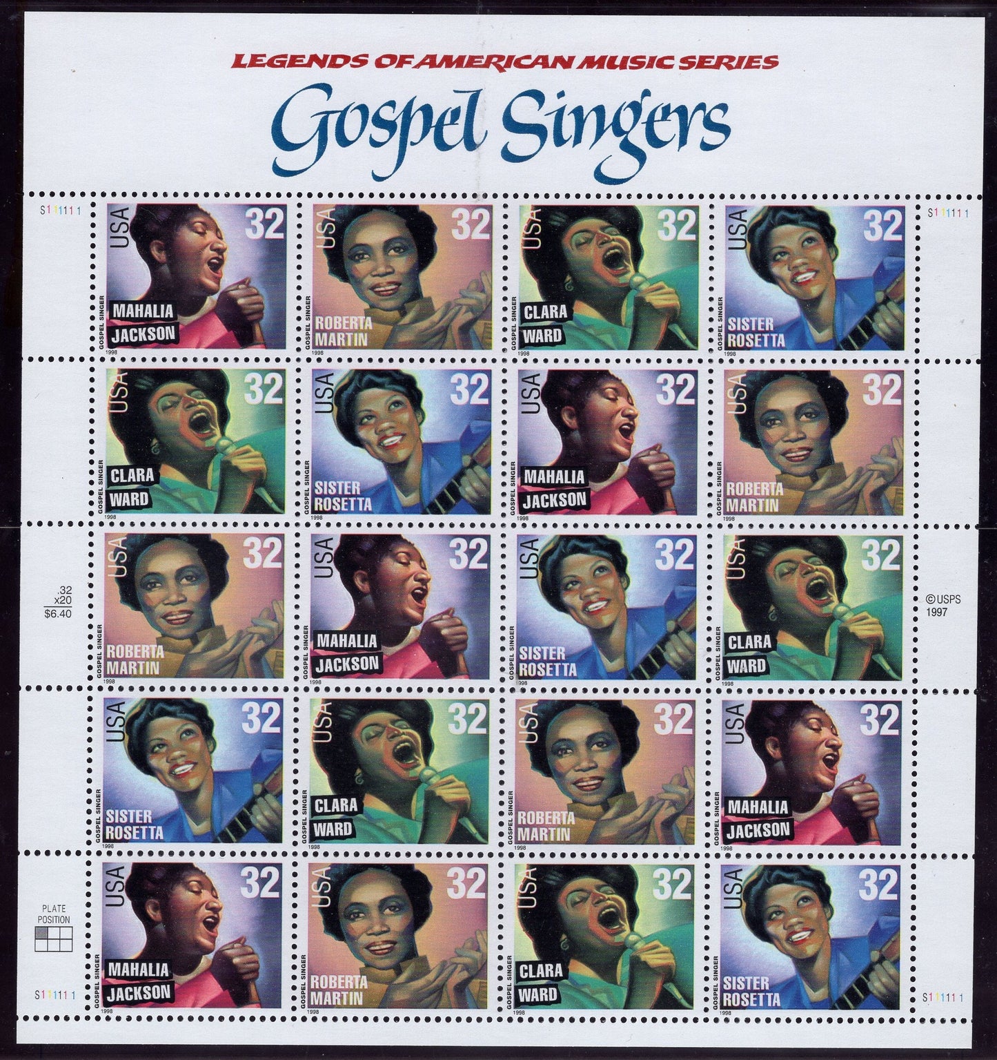 GOSPEL SINGERS MUSIC Mahalia Jackson Roberta Ward Martin Tharpe Black Americans Sheet of 20 Fresh - Vintage 1998 - Stock# 3216 -FreeUSA Ship