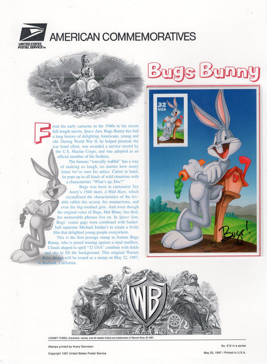 BUGS BUNNY LOONEY Tunes Special Commemorative Panel plus Actual Sheetlet + Illustrations and Text Great Gift 8.5x11 '97 