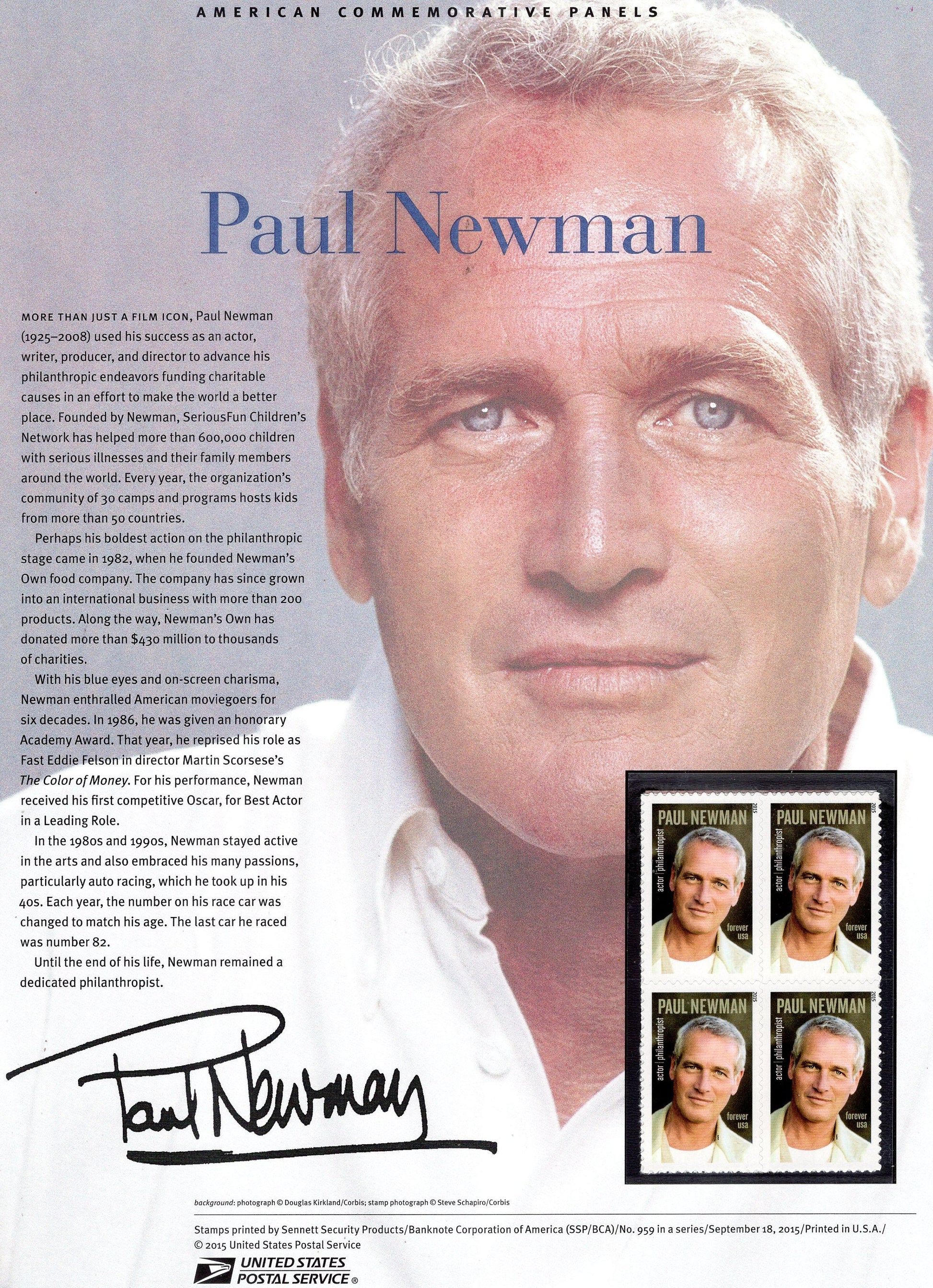 PAUL NEWMAN LEGENDARY Actor Special Commemorative Panel plus Actual Stamps + Illustrations and Text Great Gift 8.5x11 '15 