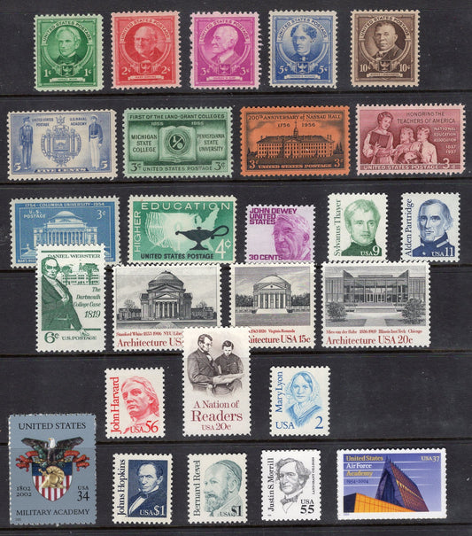 EDUCATION COLLEGES UNIVERSITIES Collection of 26 Unused Fresh Usa Postage Stamps See Scan -Vintage 1937//onwards