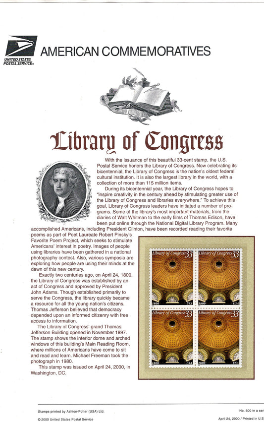 LIBRARY of CONGRESS JEFFERSON Commemorative Panel w/ Block of 4 Stamps Illustrations Text Great Gift 8.5x11 Vintage #600