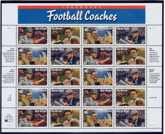 LEGENDARY FOOTBALL COACHES - Alabama Bryant- Green Bay Packers Lombardi- Chicago Bears Halas - Warner Decorative Sheet of 20