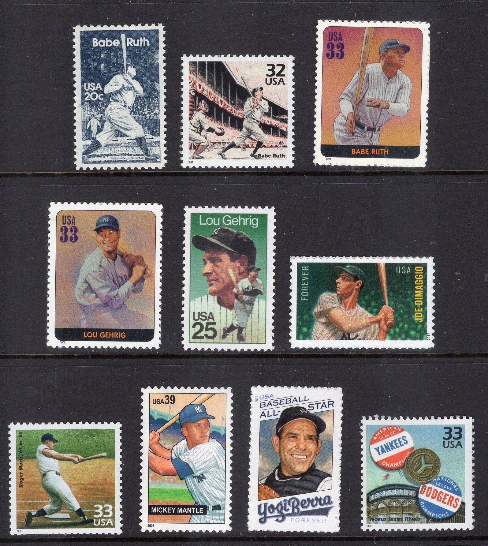 RUTH GEHRIG MANTLE DiMAGGIO Berra Maris World Series - 10 Stamps - The PRIDEs of the YANKEEs - Such Memories!! Fresh Bright - FreeUSA Ship