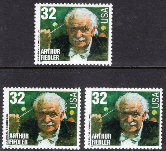 3 ARTHUR FIELDLER BOSTON Pops Conductor Baton Mustache Not often seen! Unused Fresh Bright USa Stamps - Vintage 1997 