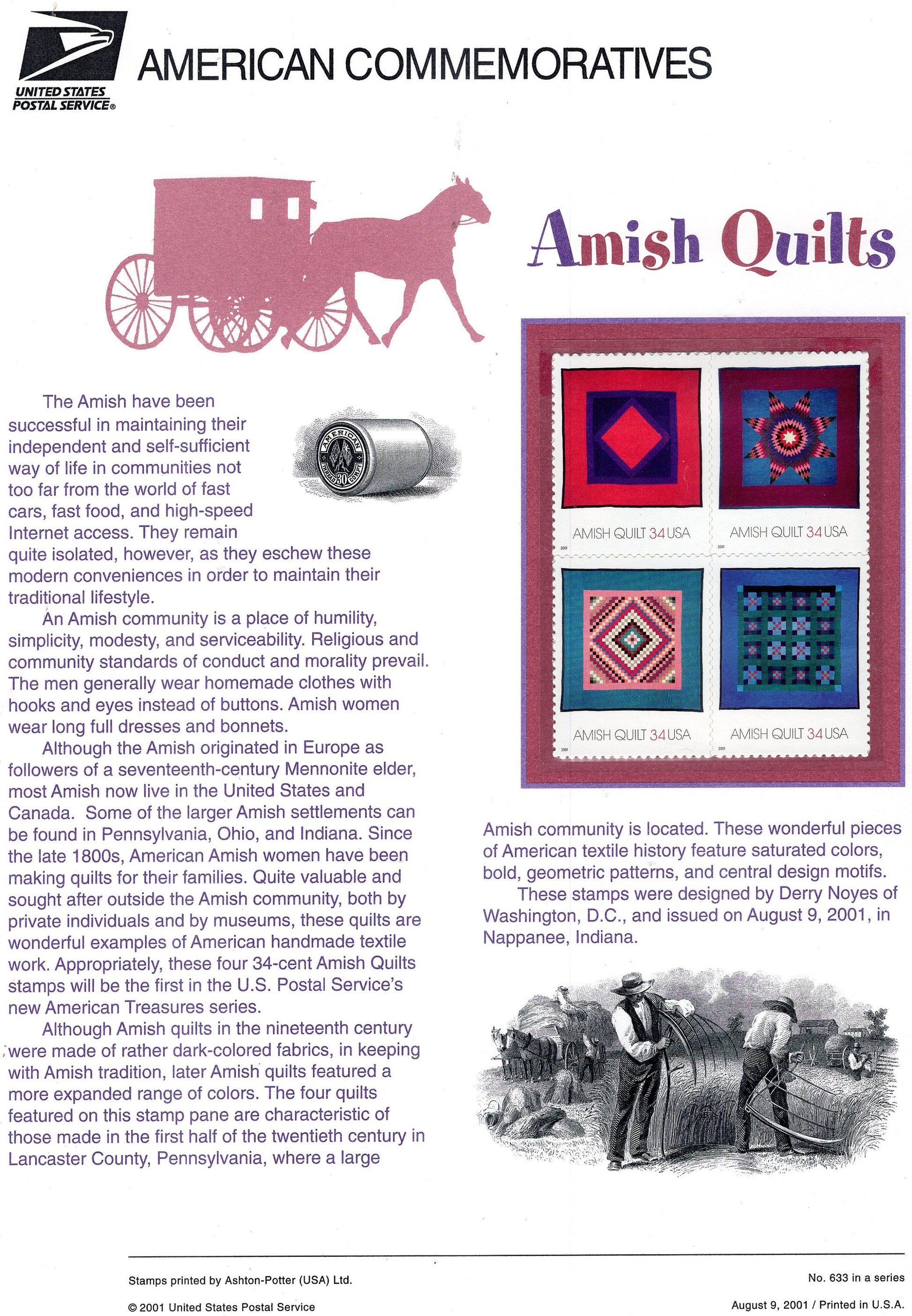 AMISH QUILTS TEXTILES Commemorative Panel w/ Block of 4 Stamps Illustrations Text - Great Gift - 8.5x11 Vintage 2001 #633- FreeUSA Shipping