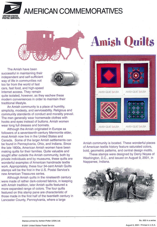 AMISH QUILTS TEXTILES Commemorative Panel w/ Block of 4 Stamps Illustrations Text - Great Gift - 8.5x11 Vintage 2001 #633