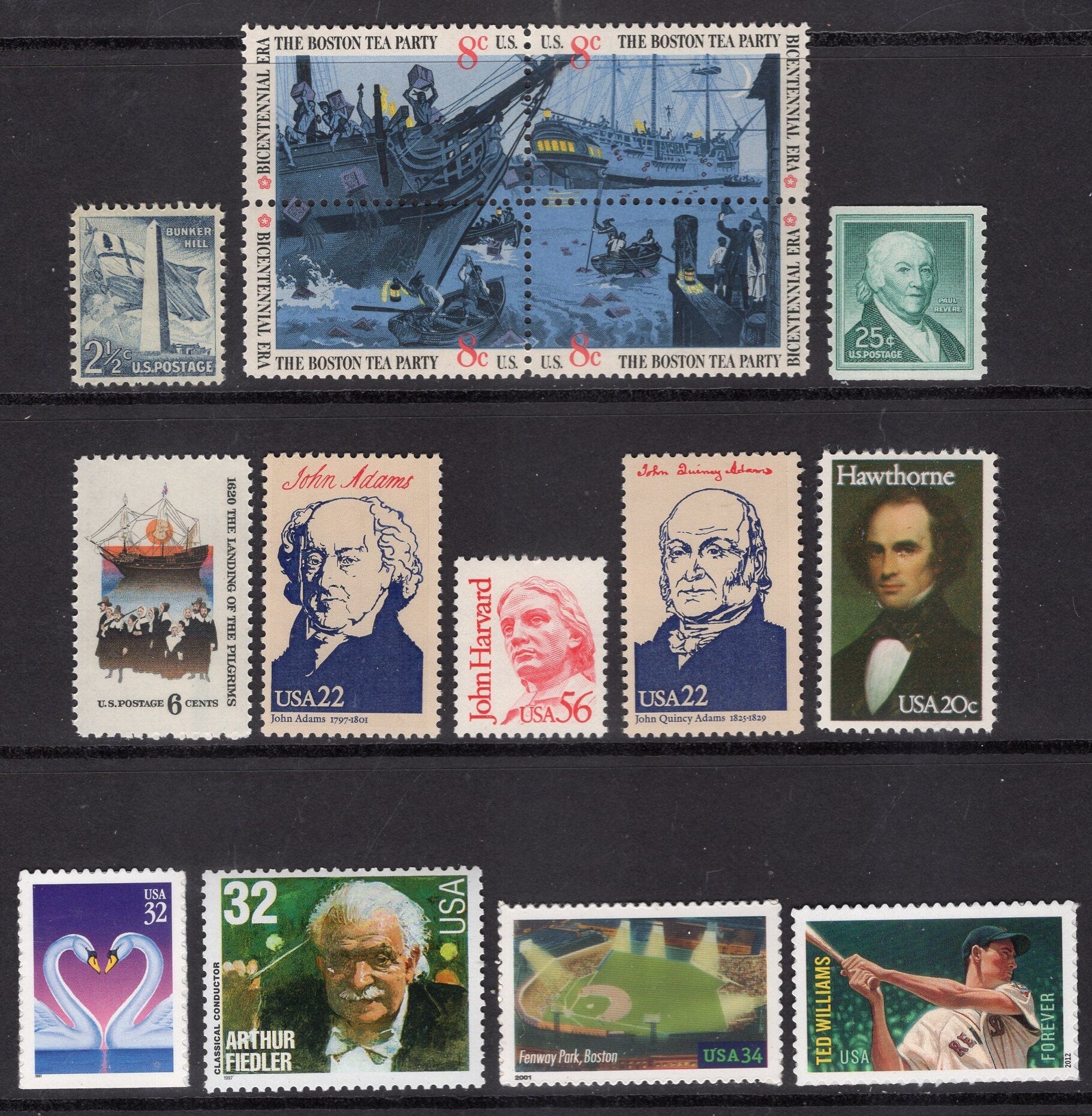 BOSTON RELATED and NEARBY Collection of 15 Postage Stamps from The Revolution- Ted Williams Fiedler Pops Swans at Common FreeUSA Ship