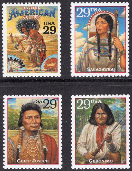 4 NATIVE AMERCAN INDIANS Geronimo Sacagawea Chief Joseph Culture Fresh Mint Unused USa Postage Stamps-Vintage 1994