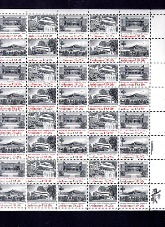 ARCHITECTURE inc WRIGHT's FALLINGWATER Complete Sheet w/ Gropius Saarinen van der Rohe Bright Postage Stamps - Vintage 1982 