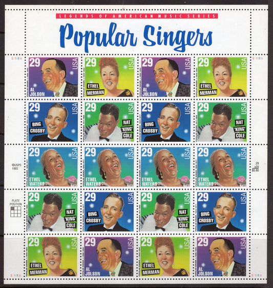 POPULAR SINGERS Sheet of 20 - Nat King Cole Al Jolson Bing Crosby Ethels Waters & Merman Postage Stamps - Vintage 1994 