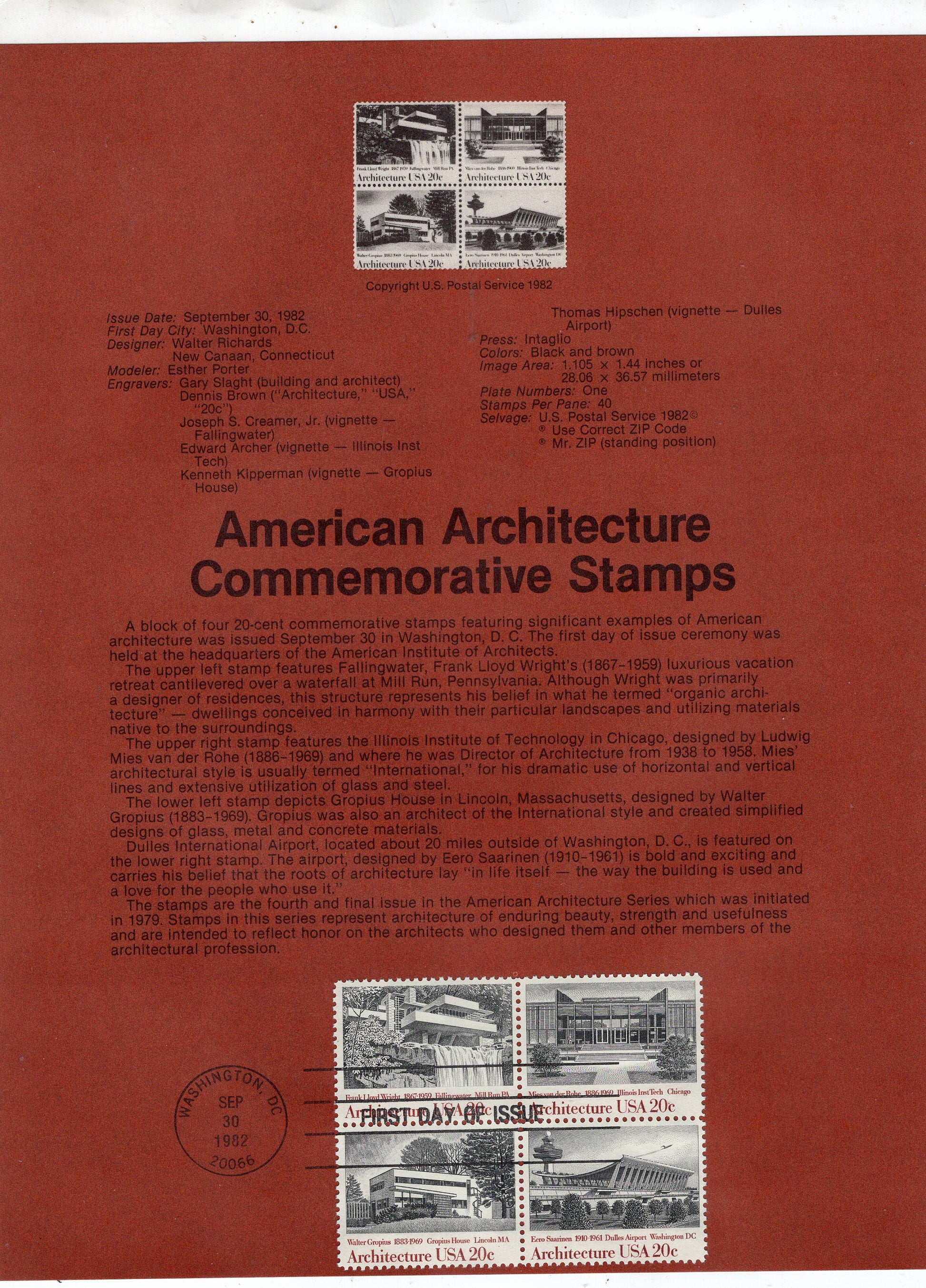 FRANK Lloyd WRIGHT FALLINGWATER Souvenir Page w/Block of 4 Cancelled on First Day Saarinen of Issue Gropius Text - Gift 8.5x11-FreeUSA Ship