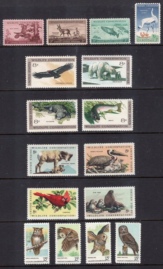 WILDLIFE CONSERVATION Collection 1956-1978 16 MINT Stamps Turkey Antelope Fish Polar Bear Birds Crane Cardinal Sheep Owls Seal