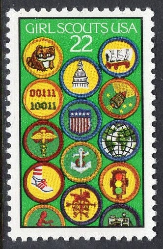 25 GIRL SCOUTS - with 14 MERIT Badges Mint Unused Fresh, Bright USa Postage Stamps - Vintage 1987 ping