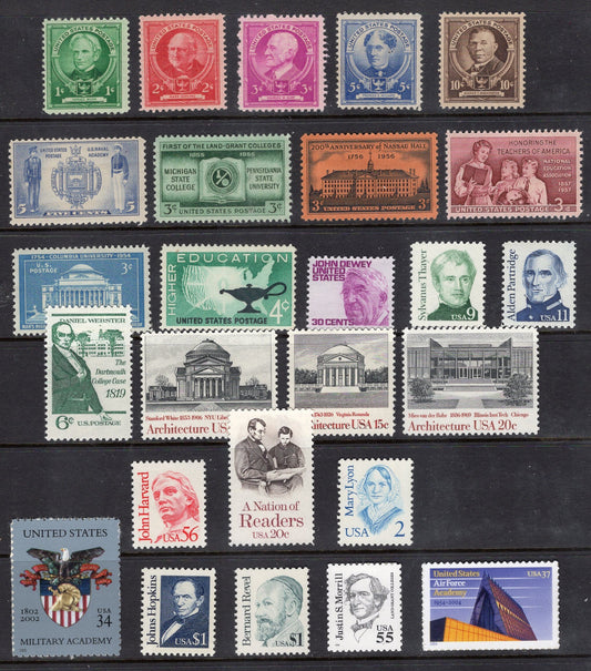 EDUCATION THEMES COLLECTION 1937-onwards of 27 Usa Stamps inc Harvard Booker T Washington - Mint Fresh - Vintage 1996 onwards 