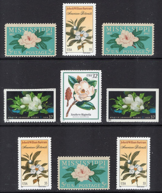 MAGNOLIA Collection of 9 Mint USA Stamps - Vintage 1967 onwards - Wedding Theme - suitable for gifting mailing or framing ping