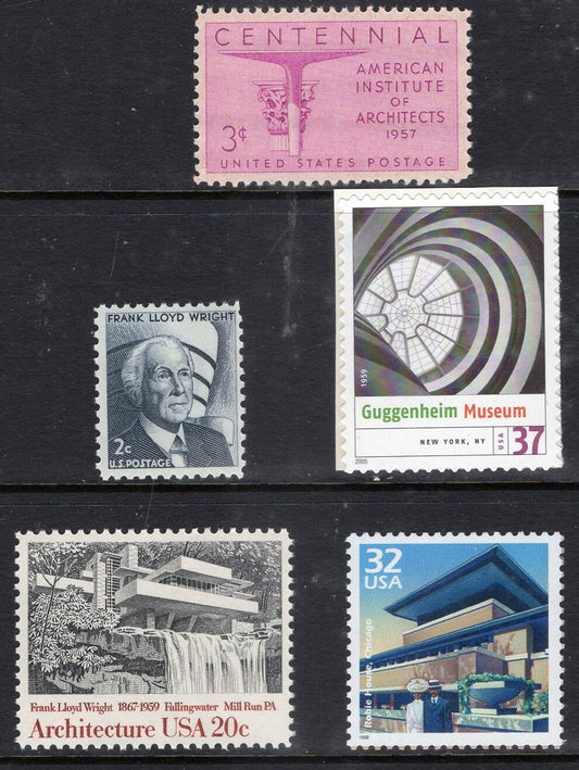 5 Frank Lloyd WRIGHT Complete Collection inc GUGGENHEIM (2 Views) FALLINGWATER Robie House - Unused Fresh Bright USa Stamps 