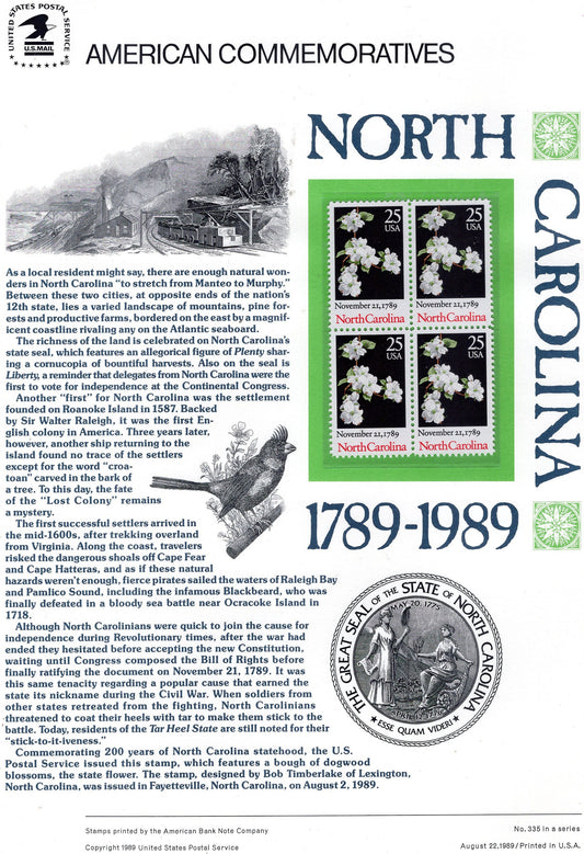 NORTH CAROLINA DOGWOOD Blossoms Constitution Ratification Commemorative Panel w/ 4 Stamps Illustrations '89 Great Gift 8.5x11