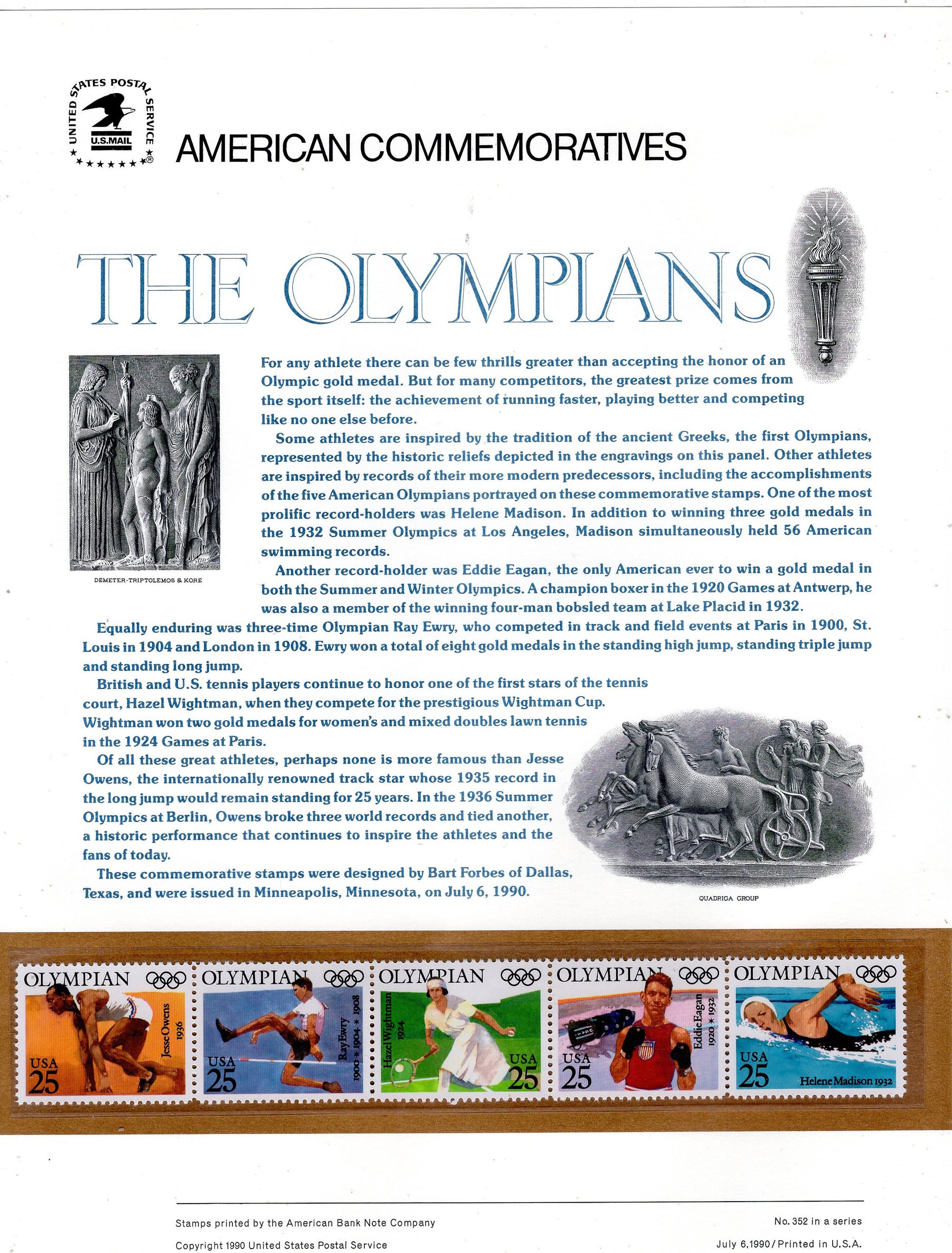 TENNIS WIGHTMAN OWENS Track 1924 Olympians Commemorative Panel w/5 Stamps Illustrations Text Great Gift 8.5x11 -FreeUSA Ship Black American