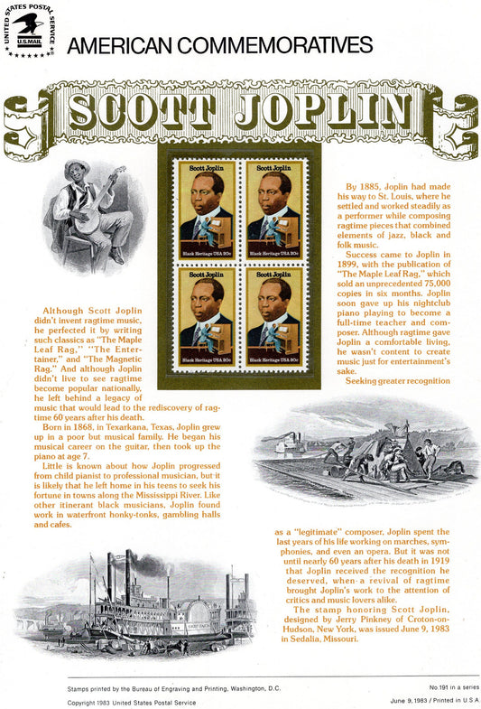 SCOTT JOPLIN - RAGTIME Music Commemorative Panel with Block of 4 Stamps Illustrations Text Great Gift 8.5x11 Vintage 1983 