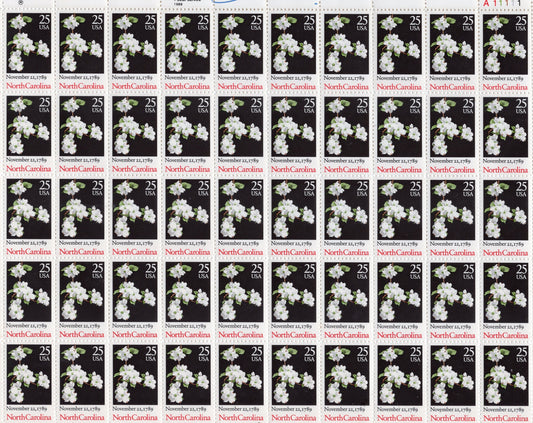 NORTH CAROLINA DOGWOOD White Blossoms Constitution Ratification Sheet of 50 Mint Stamps in Sheet (Trimmed by Scanner) but okay. FreeUSA Ship