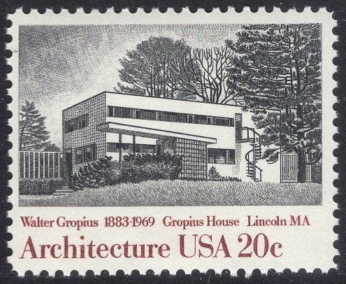 8 (2 Blocks) FALLINGWATER Architecture WRIGHT SAARINEN Gropius van der Rohe Stamps Fresh Bright Postage Stamps - Vintage 1982 - FreeUSA Ship