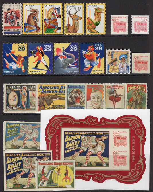 BEAUTIFUL CIRCUS COLLECTION of 22 Stamps plus 1 Souvenir Sheet of 3 Unused Fresh Bright Postage Stamps - Vintage 1966 onwards