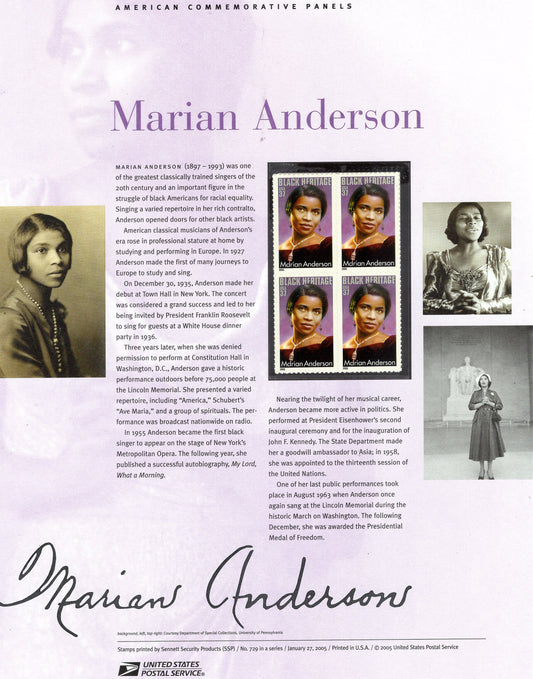 MARIAN ANDERSON BLACK Heritage Singer Contralto Commemorative Panel Block of 4 Stamps Illustrations Text Great Gift 8.5x11 '04-FreeUSA Ship