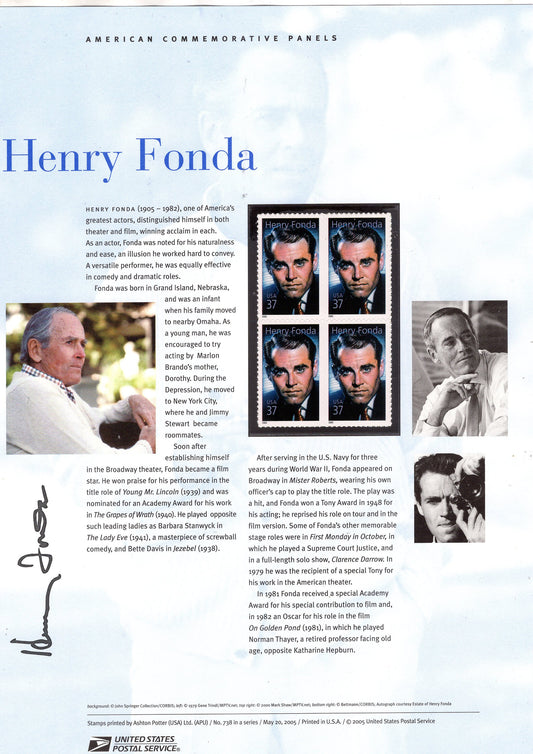 HENRY FONDA ACTOR Academy and Tony Awards Commemorative Panel Block of 4 Stamps Illustrations Text Great Gift 8.5x11 '04 