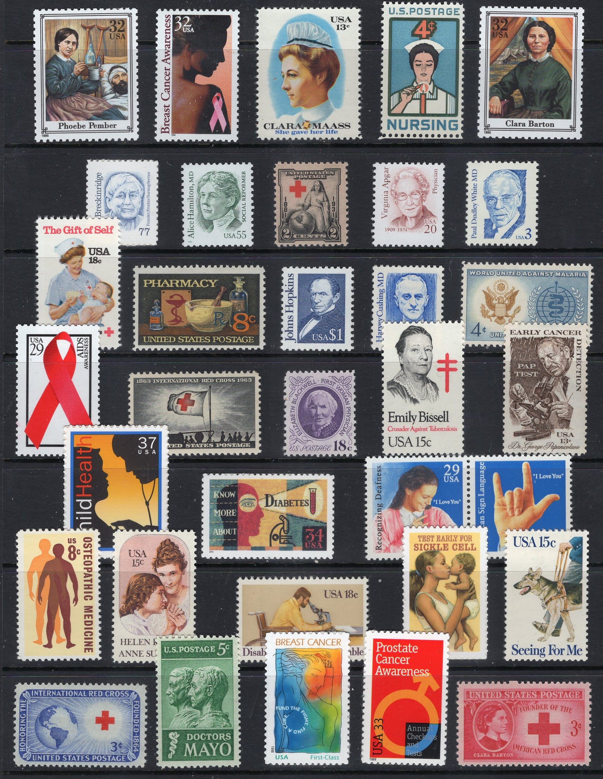 MEDICINE MEDICAL DOCTORS Massive Collection of 35 Stamps inc Apgar Breast Cancer Pap Fresh Postage Stamps-Vintage 1931 onwards -FreeUSA Ship