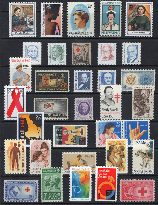 MEDICINE MEDICAL DOCTORS Massive Collection of 35 Stamps inc Apgar Breast Cancer Pap Fresh Postage Stamps-Vintage 1931 onwards