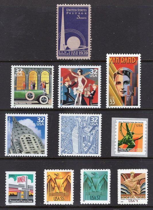 ART DECO and RELATED Collection of 11 MintUSA Stamps - Vintage 1939 on - Wedding Theme - suitable for gifting or framing or ?