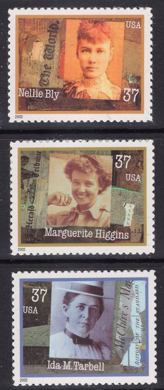 9 WOMEN JOURNALISTS - 3 each of: Nellie BLY - H Higgins - Ida Tarbell Bright Fresh USa Postage Stamps - Vintage 2002 - #3666 