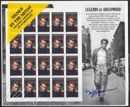 JAMES DEAN Decorative Sheet AUTOGRAPHED by Artist w/Certificate of Authenticity - Post Office Fresh - Vintage 1996 - FreeShipUSA