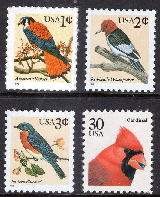 4 COLORFUL BIRDS - 10 each - Kestrel Woodpecker Bluebird Cardinal USa Stamps Mint Bright Post Office Fresh - Vintage 1990's 