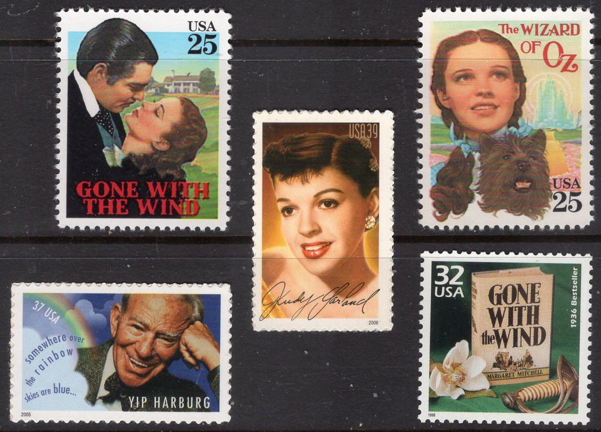 9 GONE With the Wind / Wizard of Oz w/Scarce GARLAND Side Panel- "Somewhere Over the Rainbow" Unused Bright Usa Postage Stamps FreeUSA Ship