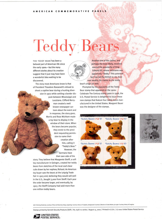 TEDDY BEARS Special Commemorative Panel plus Block of Actual Stamps + Illustrations + Text Great Gift 8.5x11 Vintage 2002 