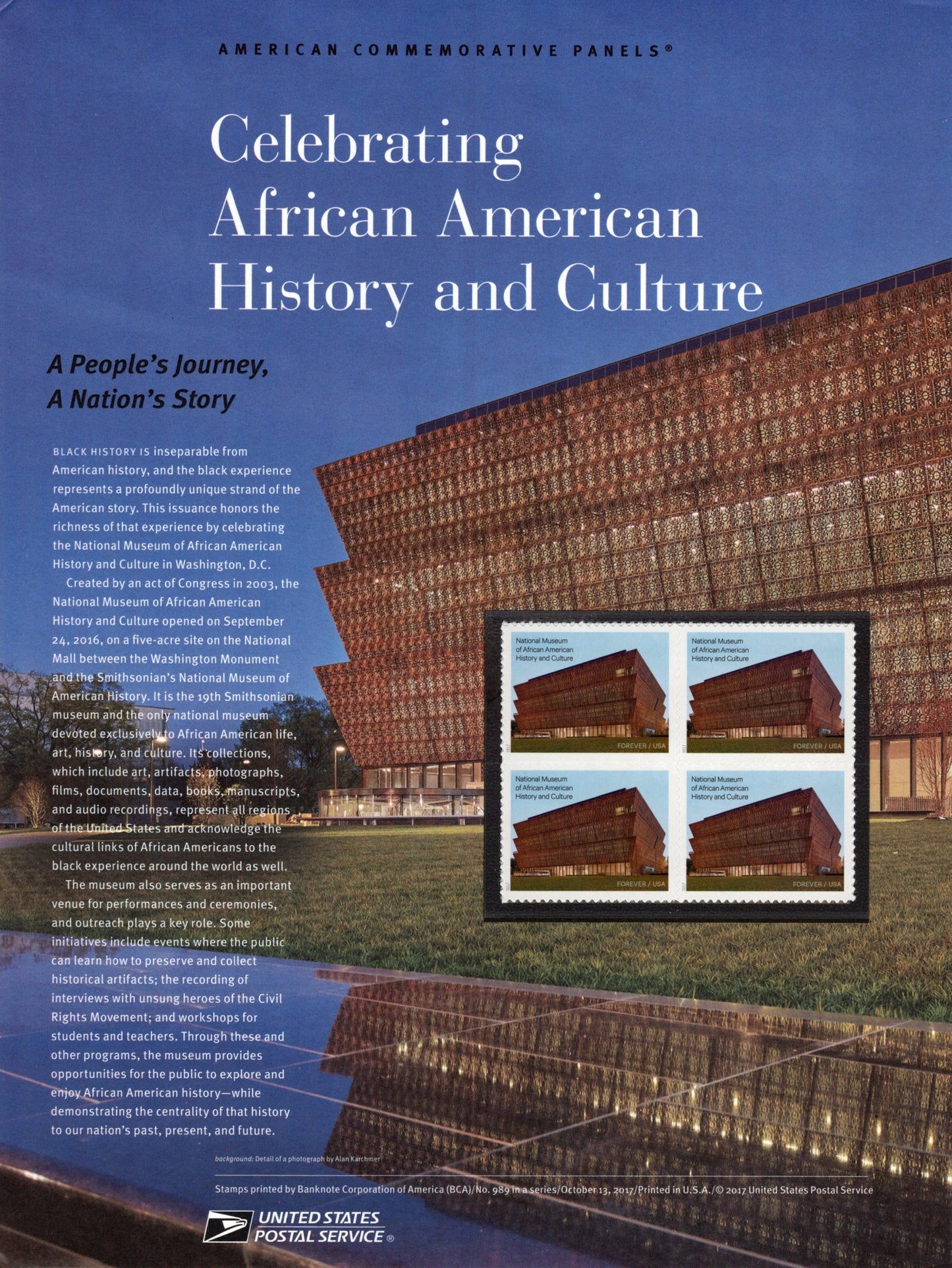 AFRICAN AMERICAN HISTORY Culture Museum Commemorative Panel w/ Block of 4 Illustrations Text Great Gift 8.5x11 989