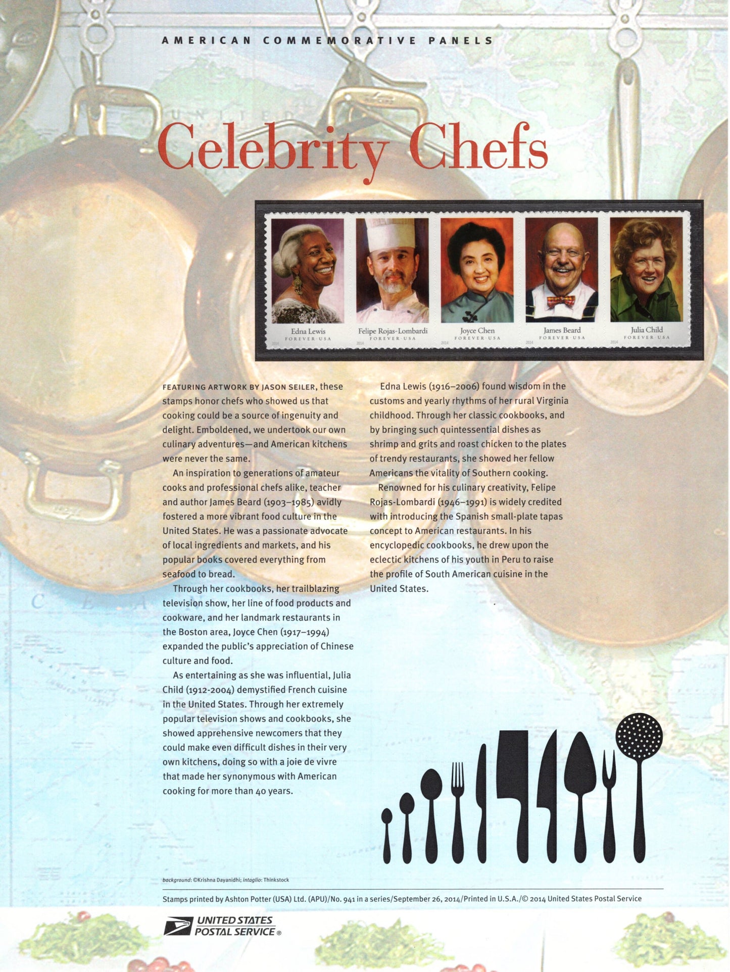 CELEBRITY CHEFS FOOD Commemorative Panel w/ Strip of 5 Stamps Illustrations Descriptive Text Great Gift 8.5x11 - 679 2003 -Free ShipUSA