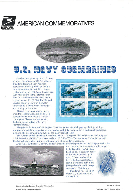 US NAVY SUBMARINES Commemorative Stamp Panel with Block of 4 Actual Stamps + Illustrations and Text Great Gift 8.5x11 