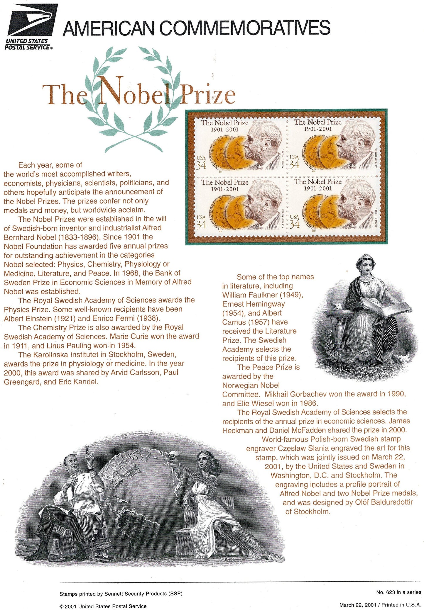 NOBEL PRIZE WINNERS History Story Commemorative Panel w/Block of 4 Stamps Illustrations Text Great Gift 8.5x11 -Year 2001 