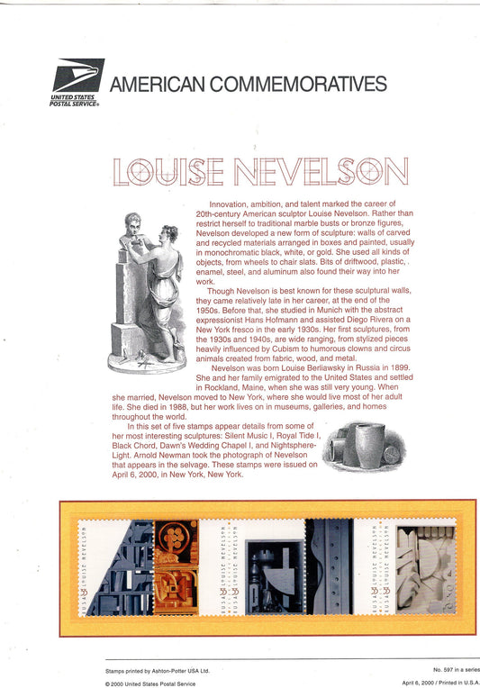 LOUISE NEVELSON SCULPTOR Art Commemorative Panel w/ Block of 4 Stamps Illustrations Text Great Gift 8.5x11 Vintage 2000 597 