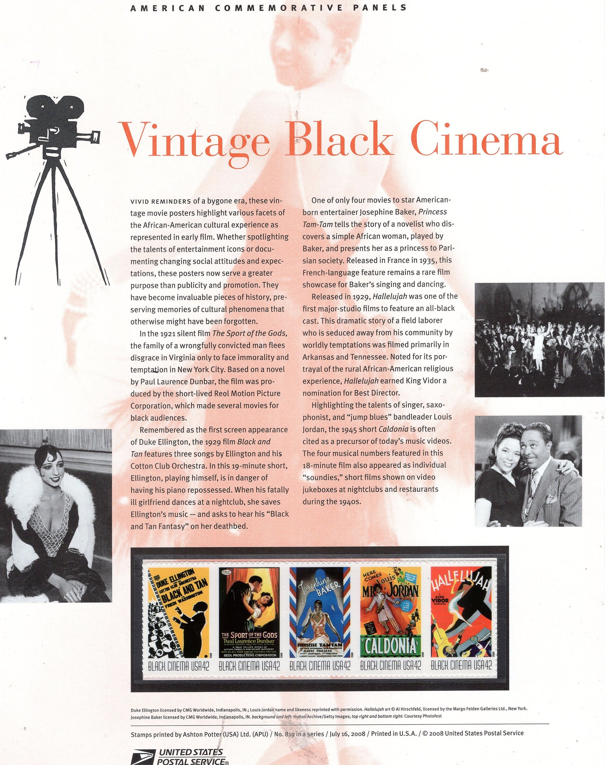 BLACK CINEMA BLACK Heritage Josephine Baker Commemorative Panel w/Block of 4 Stamps Illustrations Text - Great Gift - 8.5x11 FreeUSA Ship