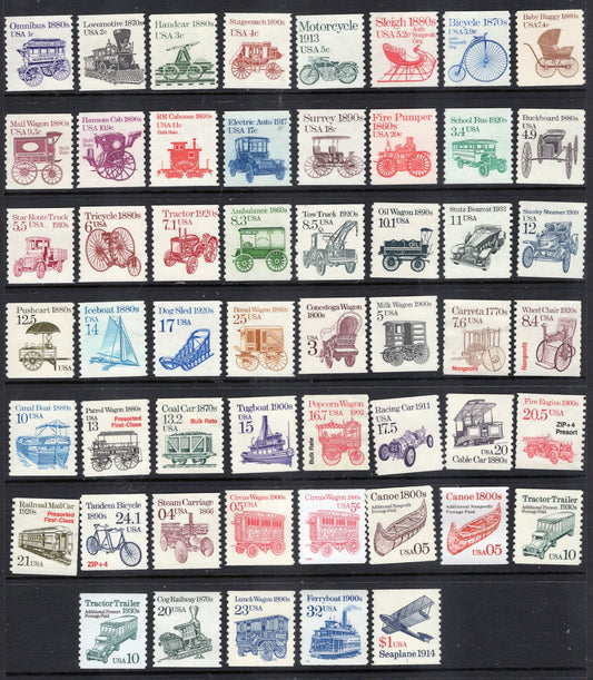 VINTAGE TRANSPORTATION 53 Face different Classic Mint Stamps Showing various transport methods. Ice boat Plane Bike - Elevator FreeUSA Ship