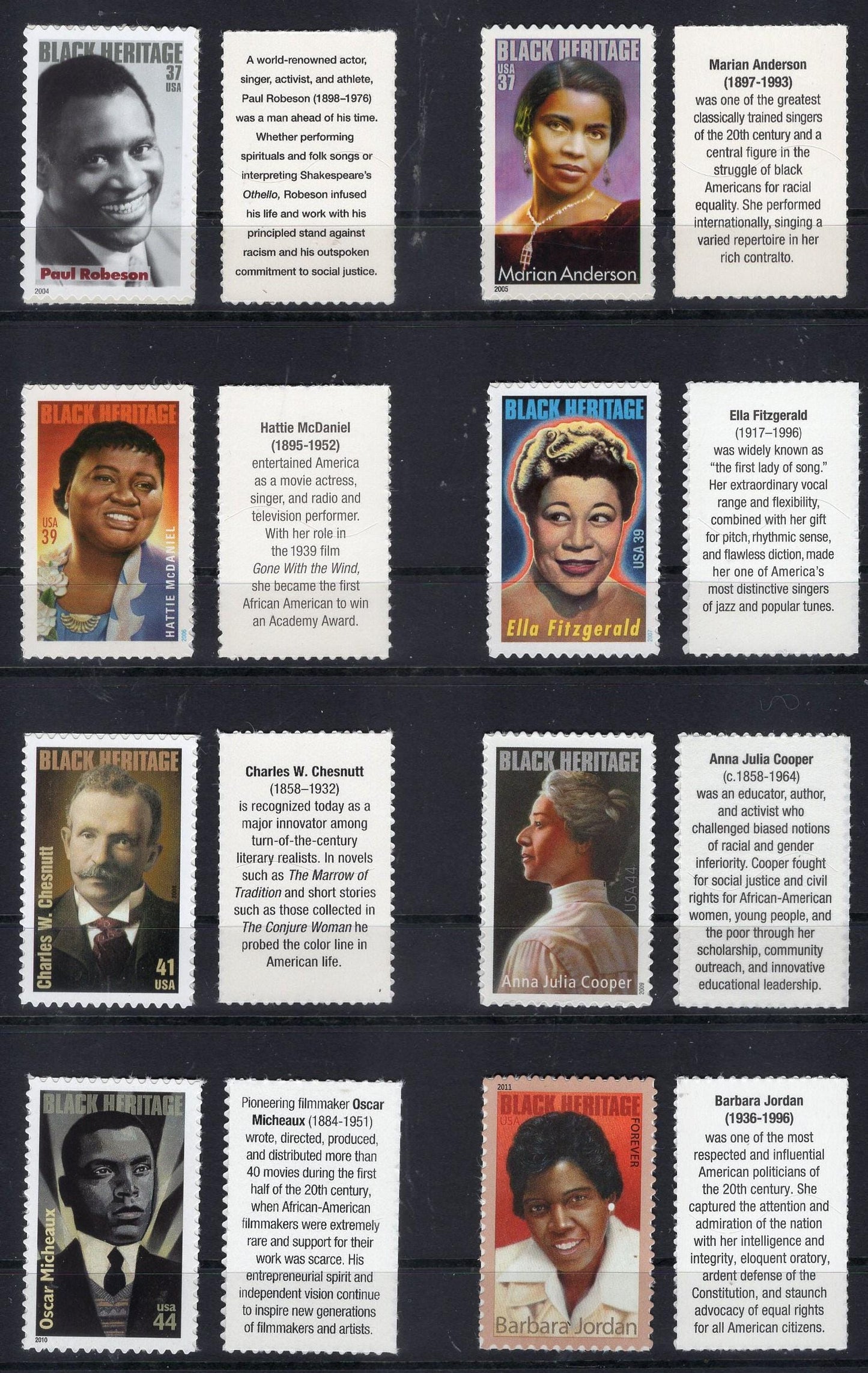 BLACK AMERICANS #10 HERITAGE Collection - 8 Stamps w/Text Descriptions on Back see 9 scans- Uncommon - Individual Stamps: Ask FreeUSA Ship