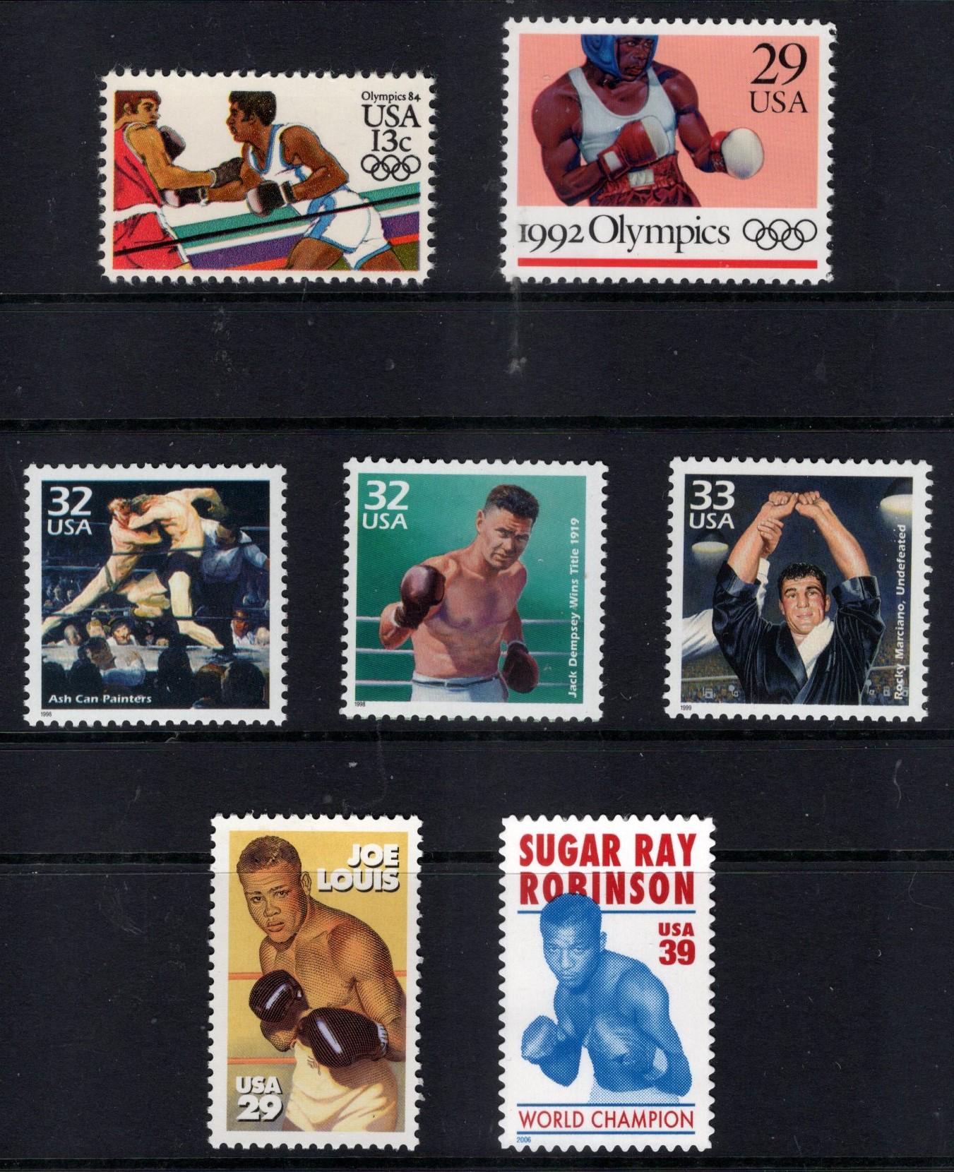 BOXING GREATS FIGHTING Joe Louis - Rocky Marciano - Jack Dempsey - Sugar Ray Robinson - Collection of 7 Mint Fresh Stamps FreeUSA Ship