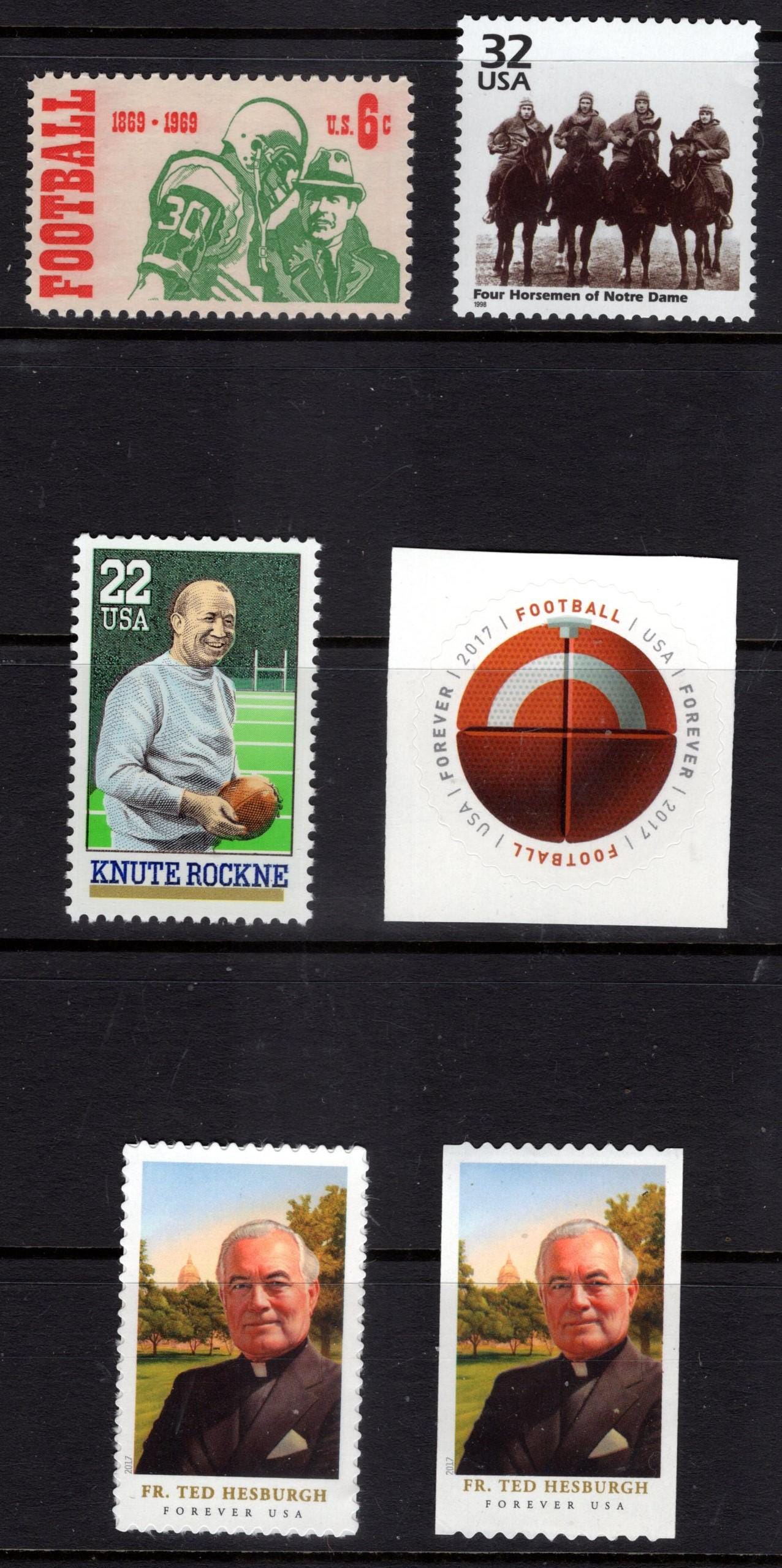 NOTRE DAME - KNUTE Rockne + Father Hesburgh + The Four Horsemen - Football - Collection of 6 Mint Fresh Stamps FreeUSA Shipping