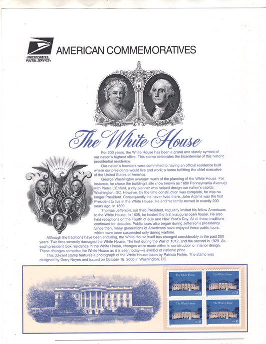 WHITE HOUSE COMPLETE Commemorative Panel w/ Block of 4 Stamps Illustrations Text - Great Gift - 8.5 x 11" Vintage 2000 - #614 - Free ShipUSA