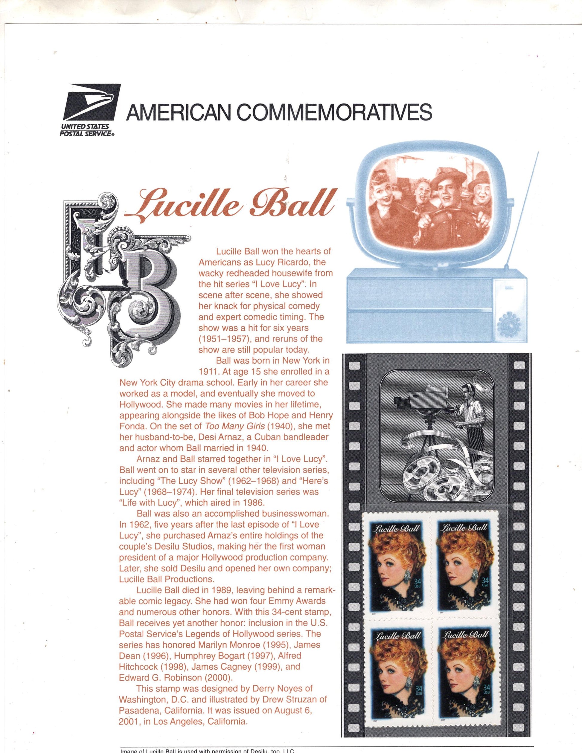 I LOVE LUCY Lucille Ball Commemorative Panel w/ Block of 4 Stamps Illustrations Text - Great Gift 8.5 x 11" Vintage 2001 - Free ShipUSA